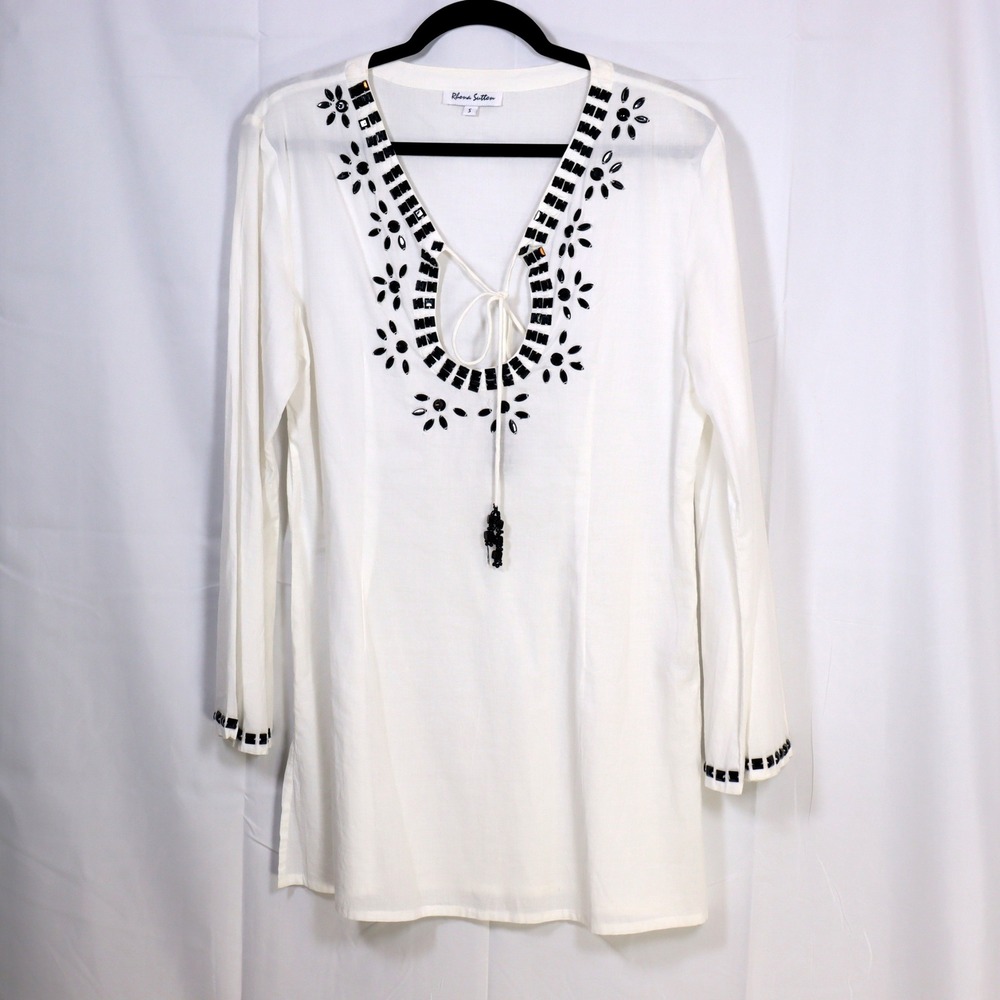 Rhona Sutton Beaded Tunic S White Womens Embroidered Boho‎ Coverup